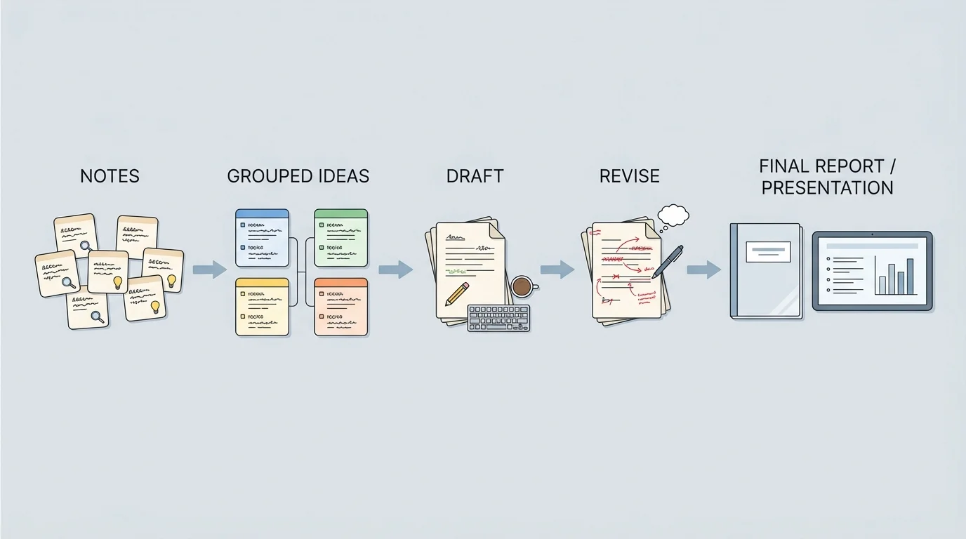 Steps from notes to final communication—notes, grouped ideas, draft, revise, final report or presentation