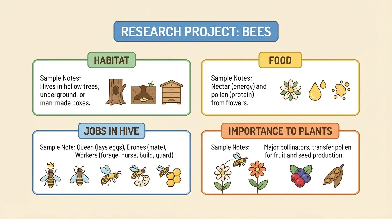 Topic 'Bees' with four note categories labeled habitat, food, jobs in hive, and importance to plants, each containing short sample notes