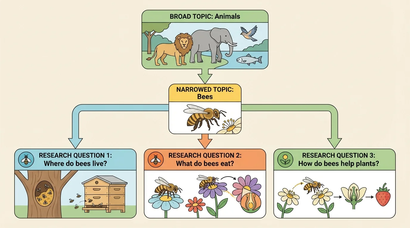 Broad topic 'Animals' narrowing to 'Bees' and then to three research questions: where bees live, what bees eat, and how bees help plants