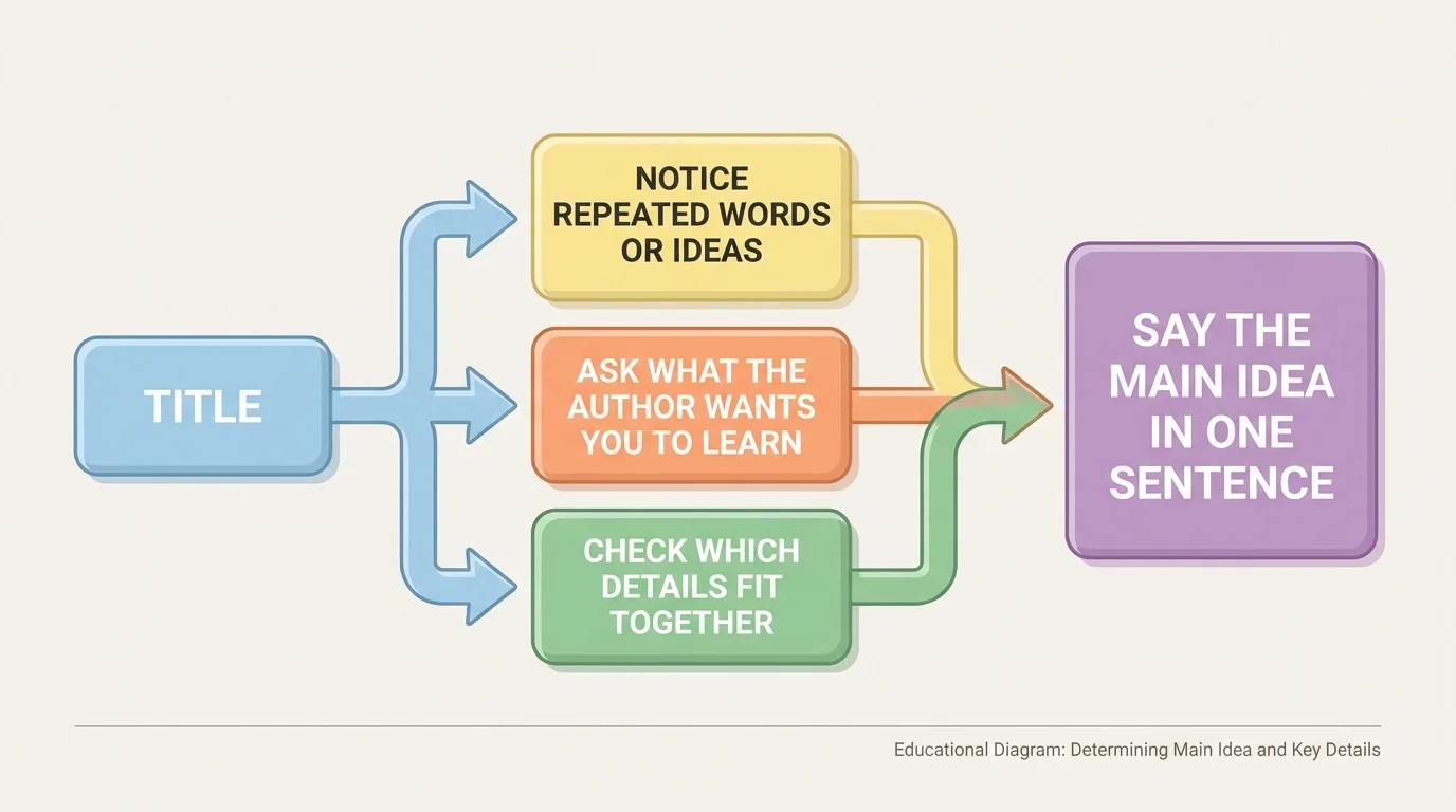 flowchart with boxes reading title, notice repeated words or ideas, ask what the author wants you to learn, check which details fit together, say the main idea in one sentence