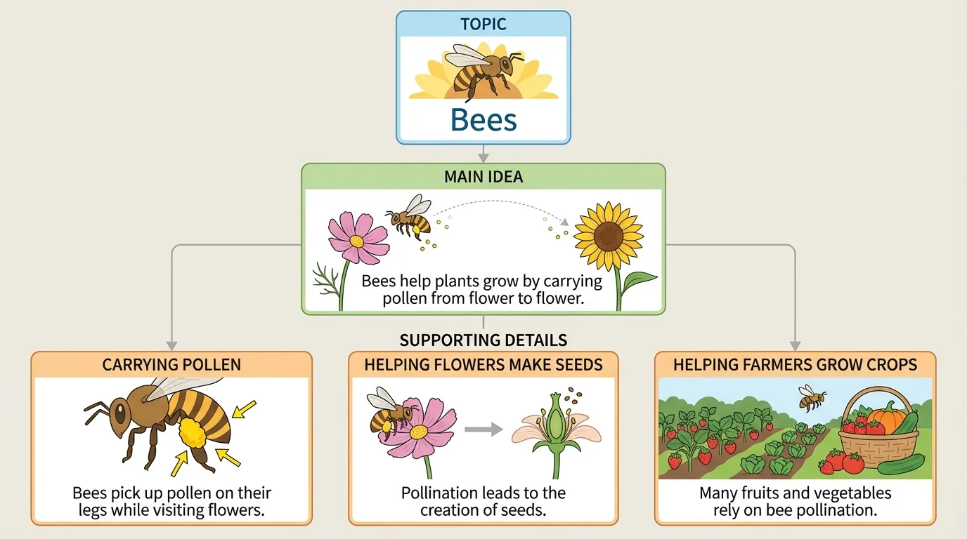 chart comparing topic 'bees' with main idea 'Bees help plants grow by carrying pollen from flower to flower' and three supporting details such as carrying pollen, helping flowers make seeds, and helping farmers grow crops