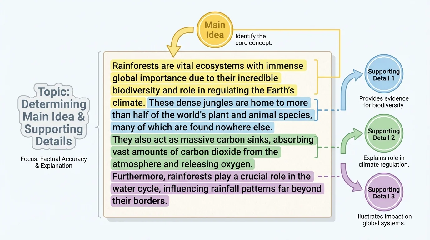 annotated informational paragraph about rainforests with one sentence highlighted as the main idea and three supporting details highlighted in different colors