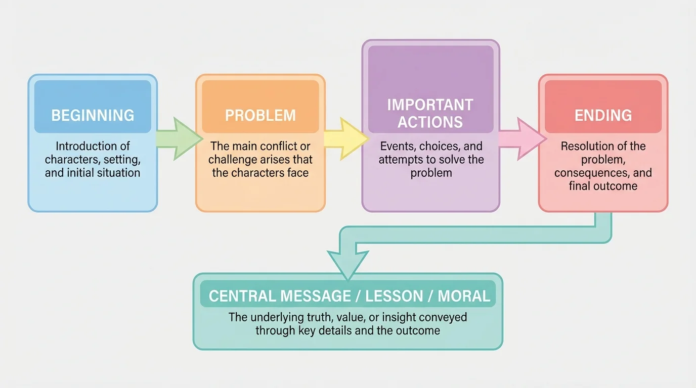 Story structure diagram with beginning, problem, important actions, ending, and central message box connected by arrows