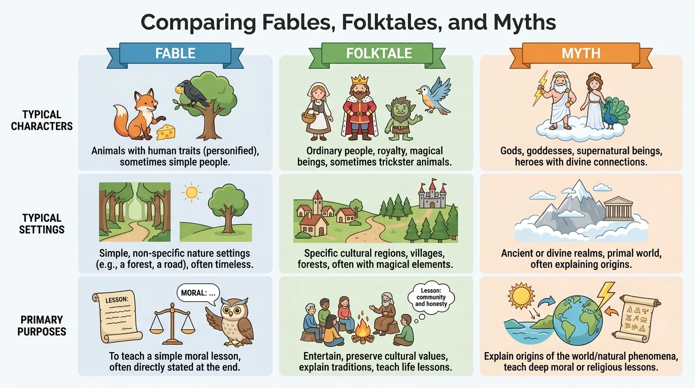 Comparison chart with three columns labeled fable, folktale, myth, showing typical characters, settings, and purposes