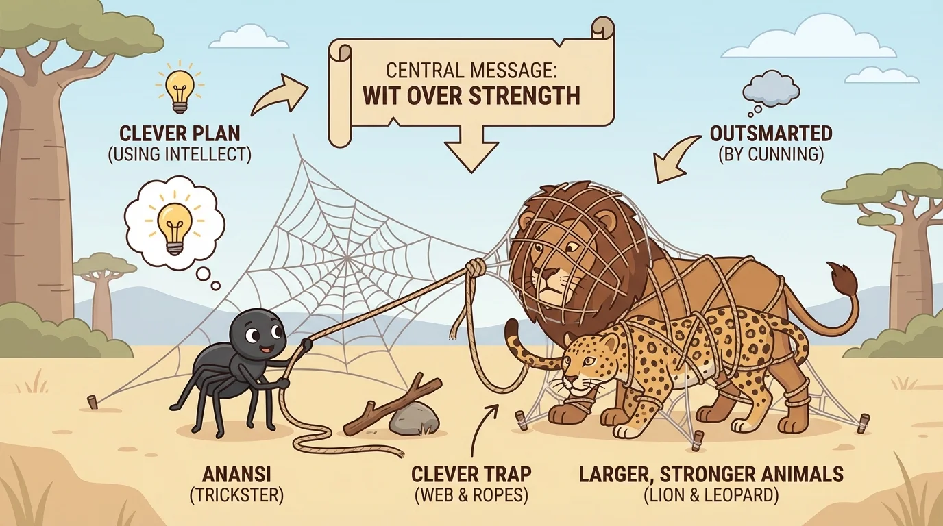 Illustration of Anansi the spider using a clever plan while larger animals watch, highlighting trickster folktale features