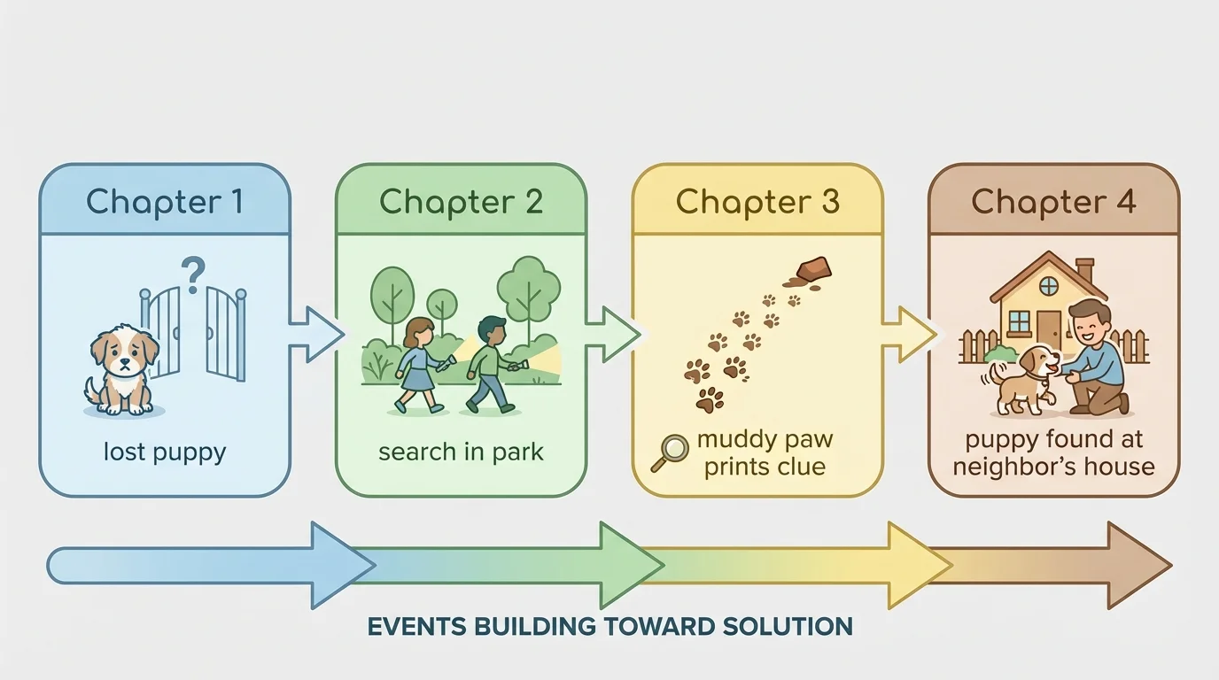 Story arc with four chapters labeled Chapter 1 lost puppy, Chapter 2 search in park, Chapter 3 muddy paw prints clue, Chapter 4 puppy found at neighbor's house, arrows showing events building toward solution