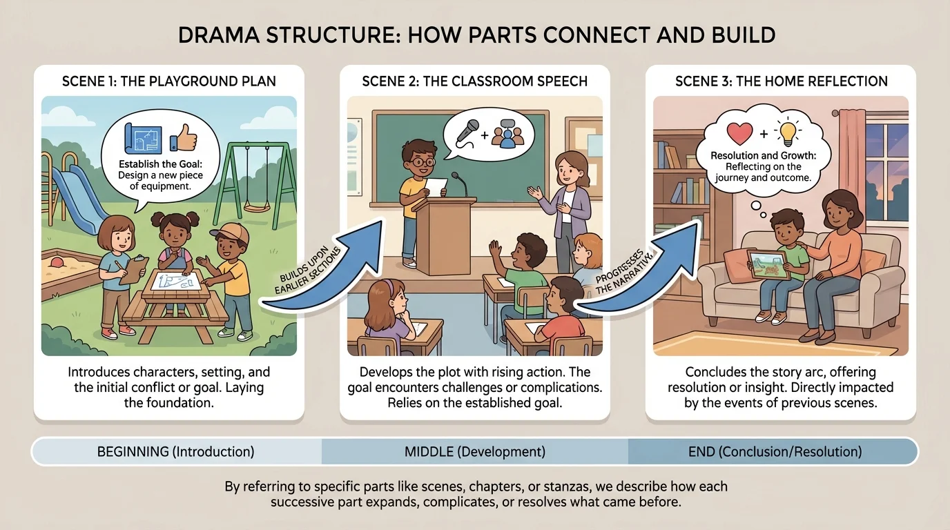 Three-scene play layout showing a playground planning scene, a classroom speech scene, and a home reflection scene with arrows showing the plot moving forward