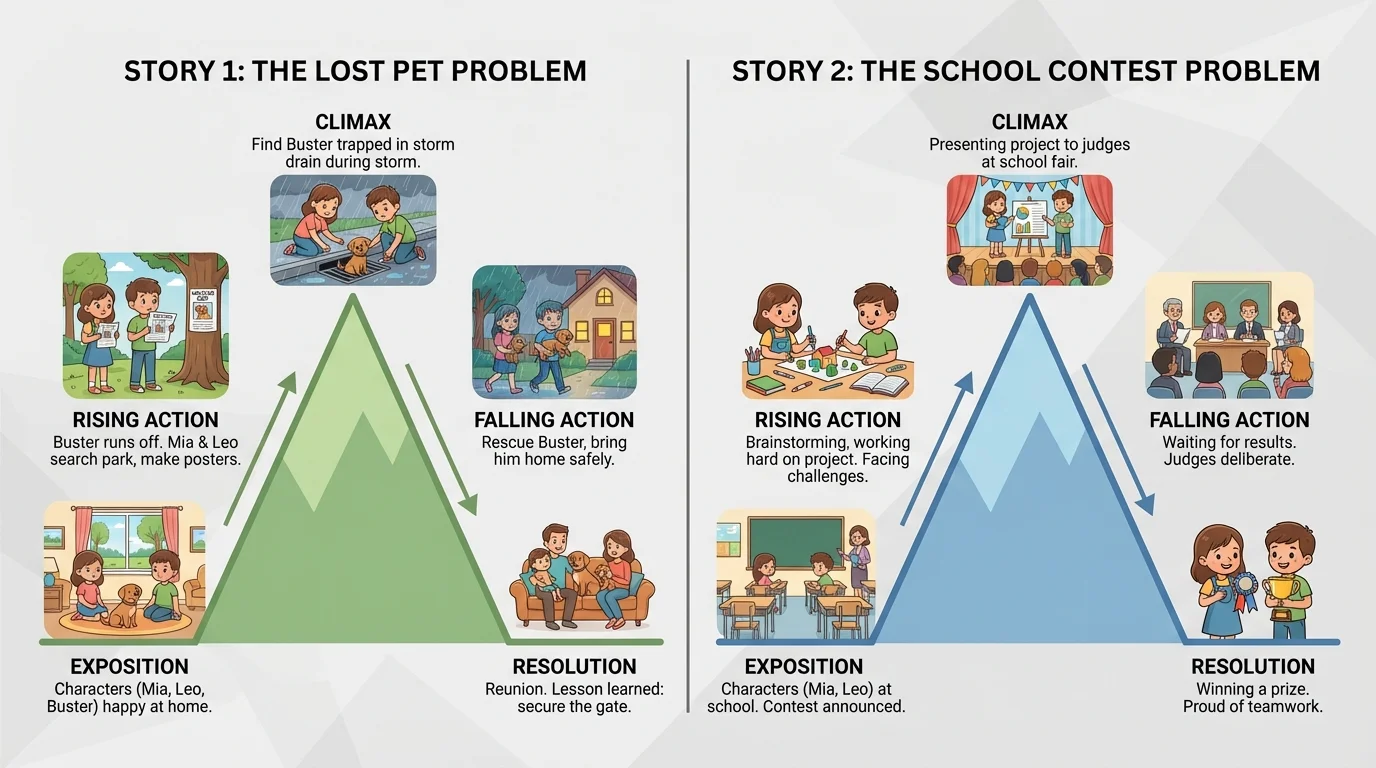 Chart showing two simple story mountains side by side for the same characters: one lost pet problem and one school contest problem