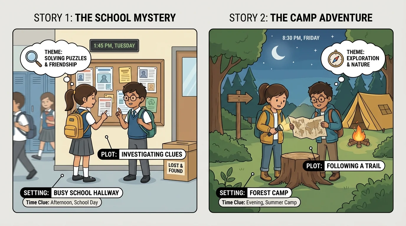 Two-panel illustration of the same two child characters in a busy school hallway and at a forest camp, with labels for place and time clues