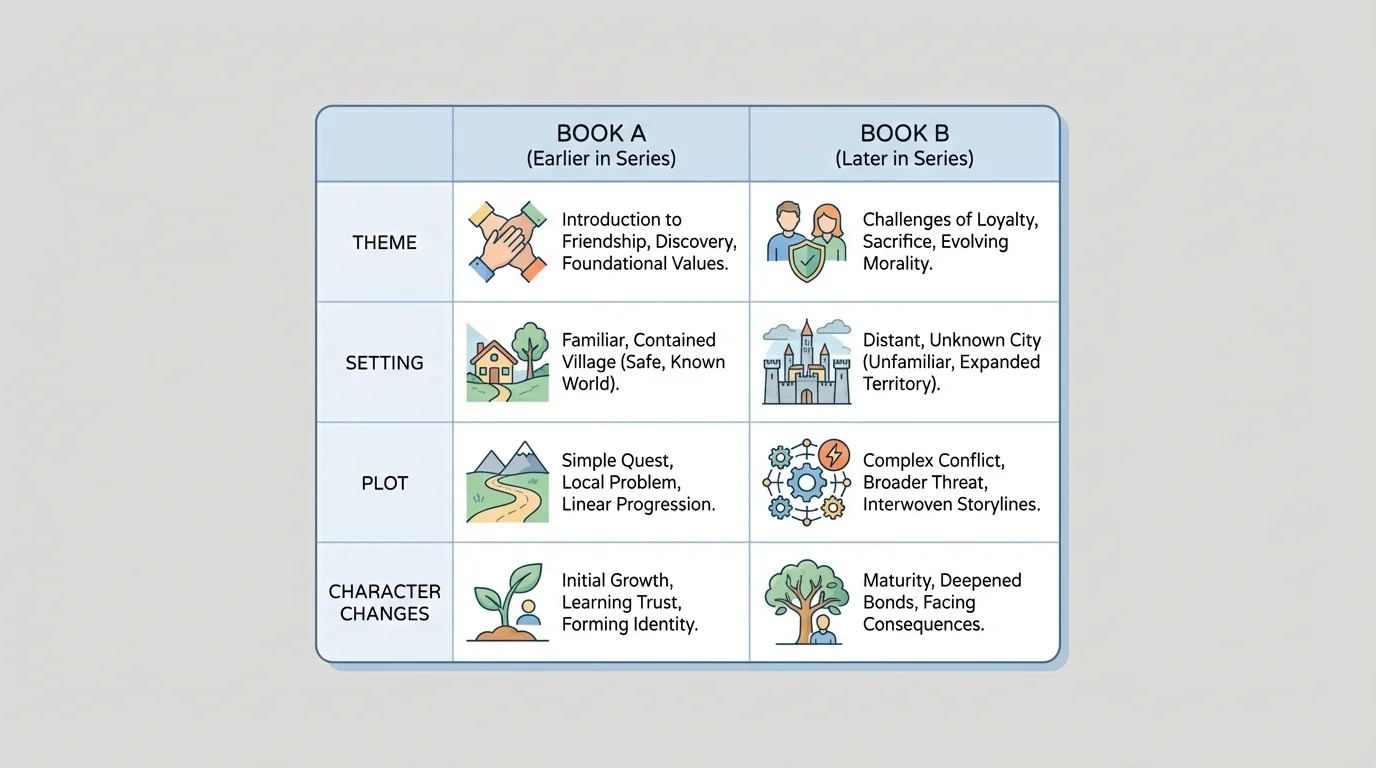Comparison chart with two book columns and rows for theme, setting, plot, and character changes