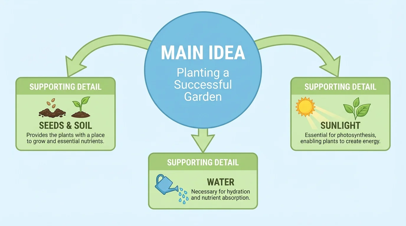 large central circle labeled main idea connected to three smaller boxes labeled supporting details, using the example of planting a garden with details such as seeds, water, and sunlight