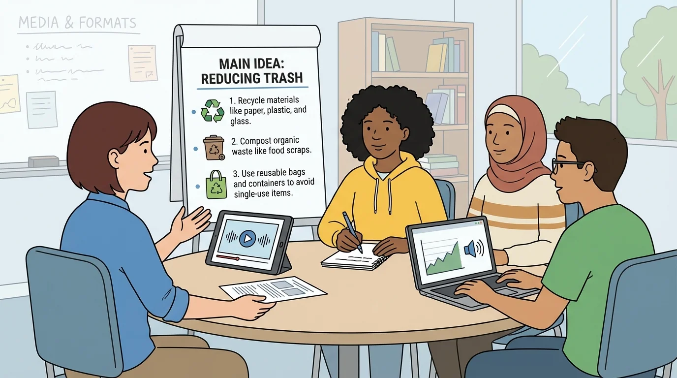 four students in a small cooperative group, one student speaking, others listening, and chart paper labeled main idea with three bullet details about reducing trash