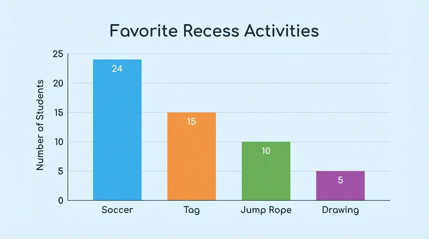 simple bar chart titled favorite recess activities with bars for soccer, tag, jump rope, and drawing, where soccer is clearly the tallest bar