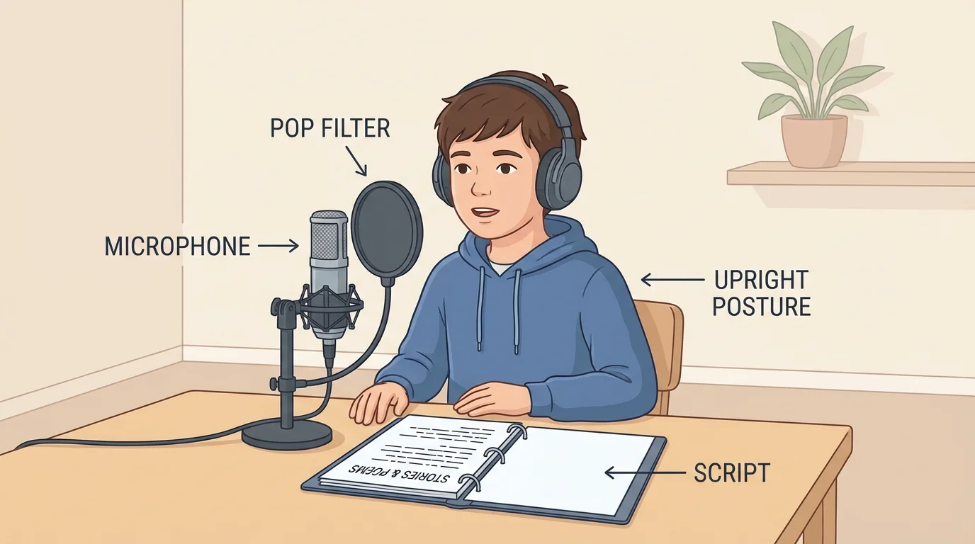 child seated upright in a quiet room with script on table and microphone at a safe distance from the mouth, showing good recording posture and setup