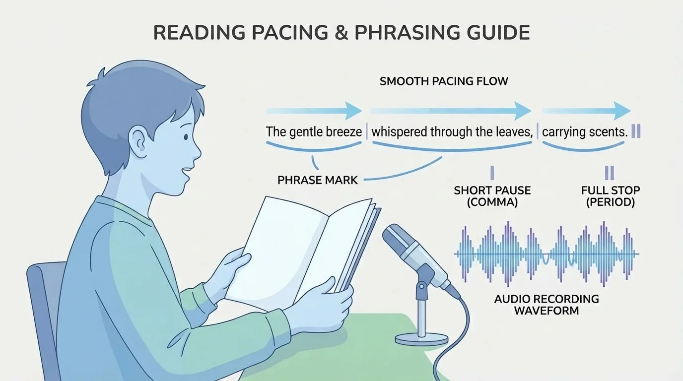 student reading from a page with phrase marks, commas, periods, and arrows showing smooth pacing and grouped word phrases
