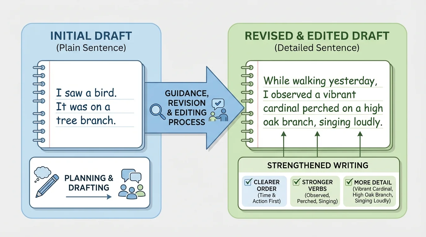 Comparison chart showing a plain sentence revised into a detailed sentence with clearer order and stronger verbs