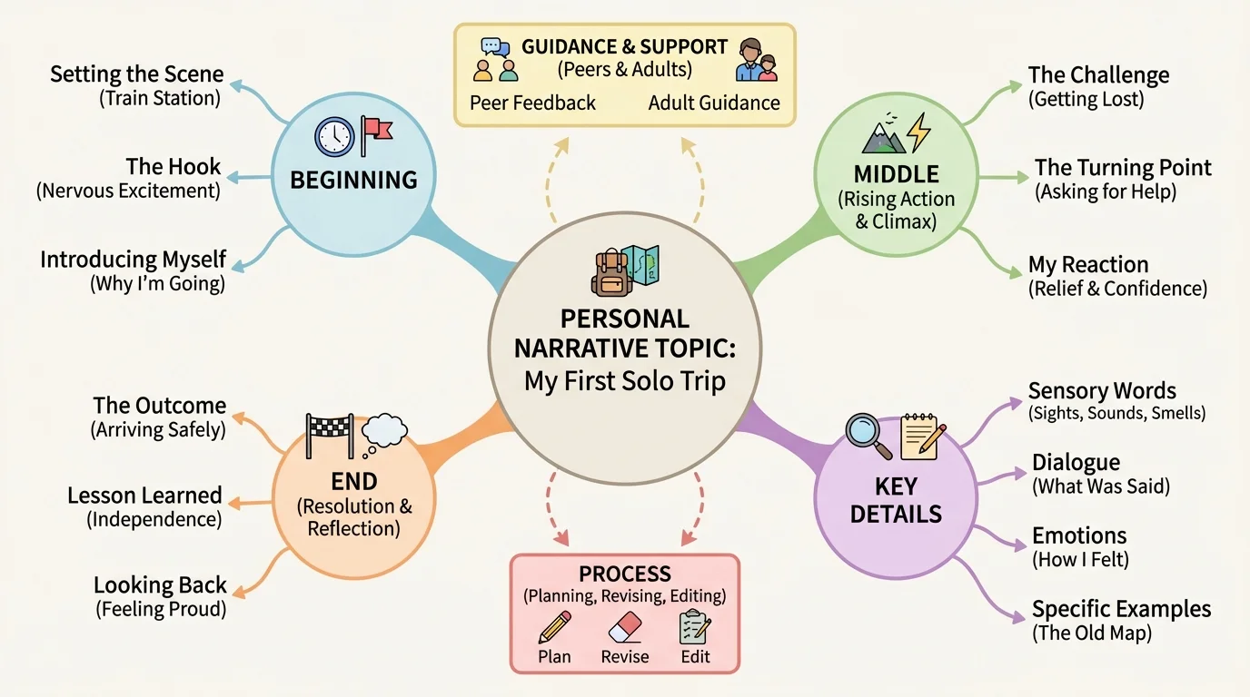 Brainstorm web for a personal narrative topic with center circle and branches for beginning, middle, end, and key details