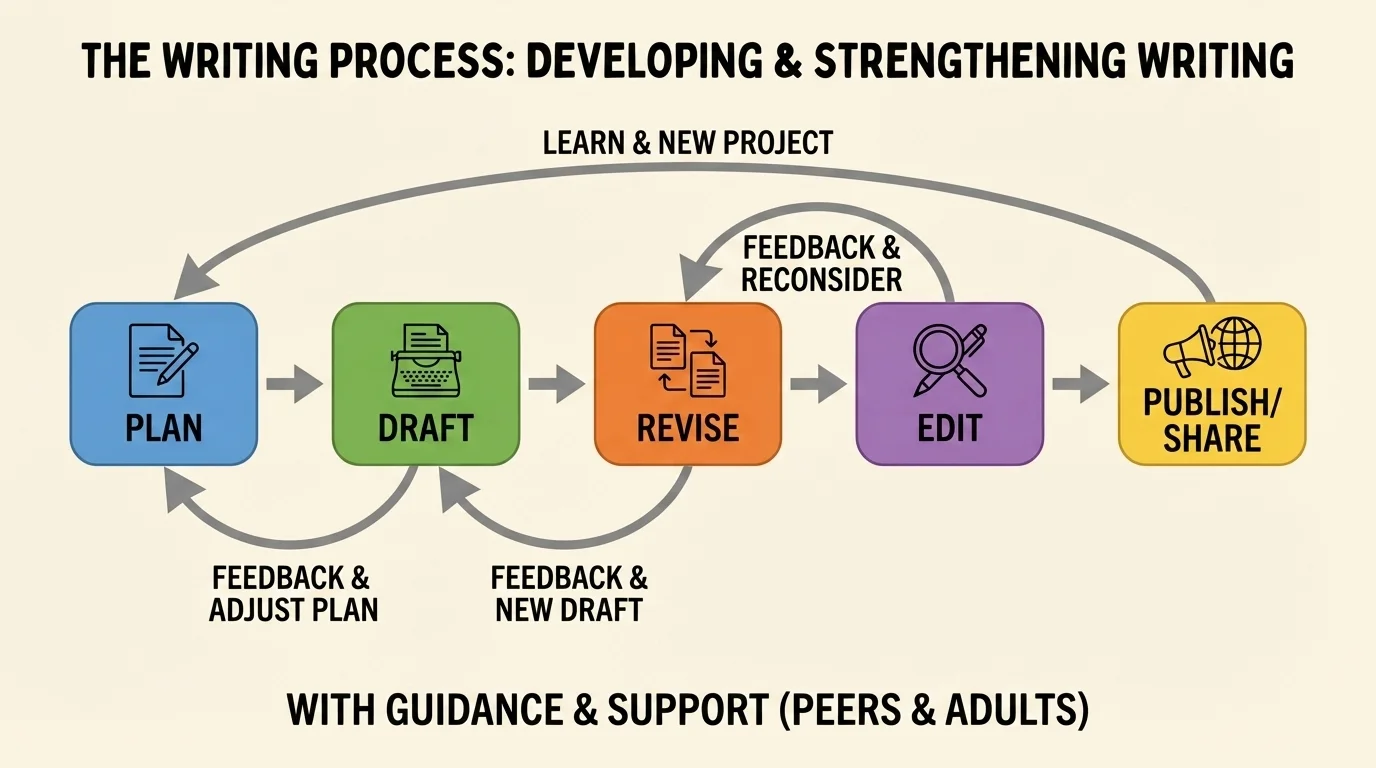 Flowchart of the writing process with boxes for plan, draft, revise, edit, and publish/share, with arrows looping back to earlier steps