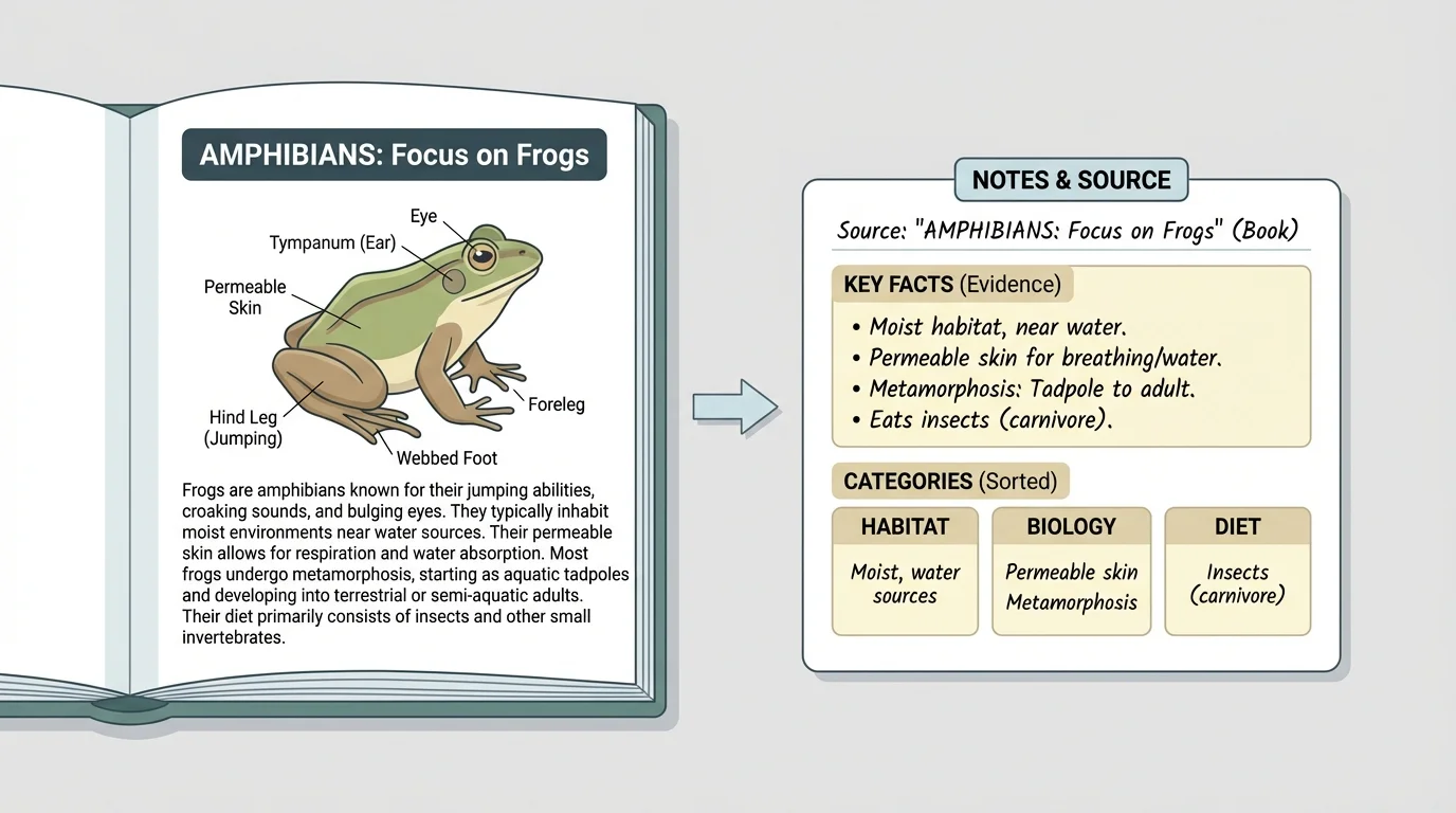open nonfiction page about frogs beside a note card with short keyword notes and source title