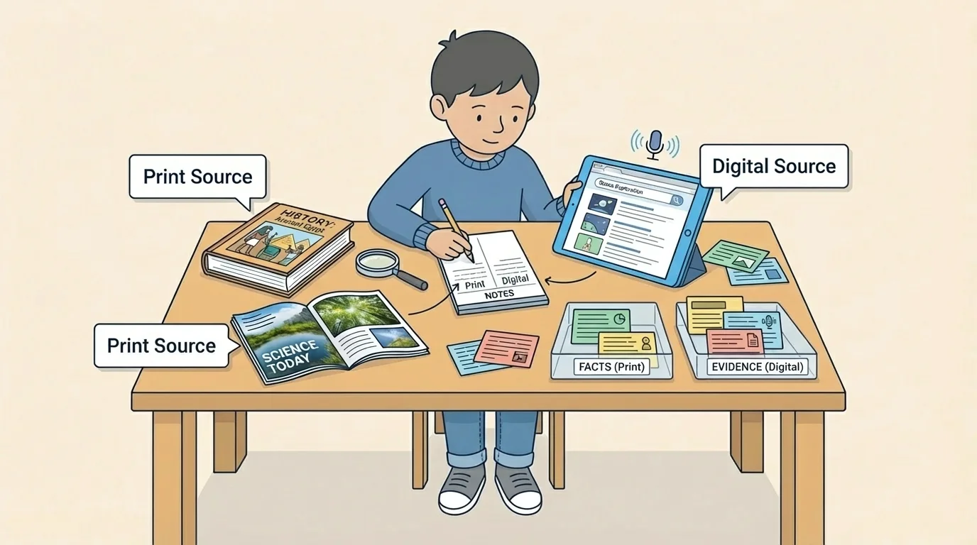 child using a book, magazine, and tablet with labels showing print source and digital source