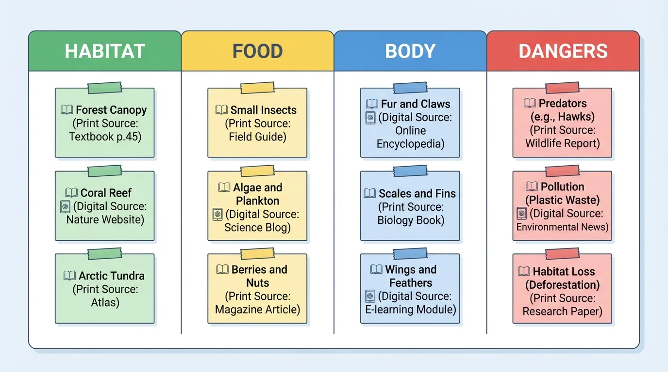 chart with categories habitat, food, body, and dangers with note slips sorted into each column