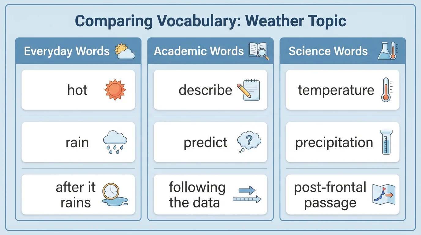 chart comparing a weather topic with three columns labeled everyday words, academic words, and science words, including examples like hot, describe, and temperature