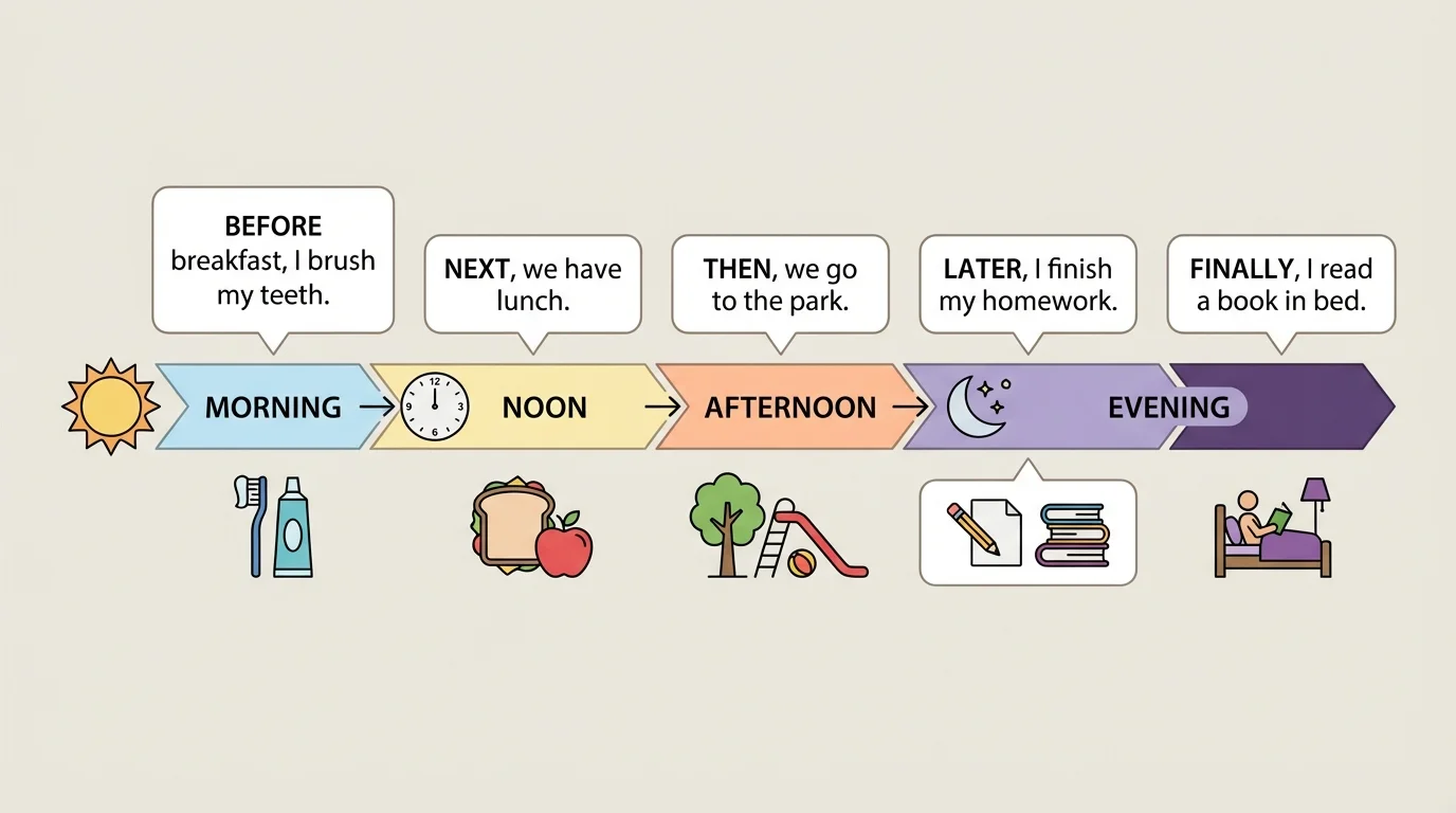 simple day timeline with morning, noon, afternoon, evening and event labels using before, next, then, later, and finally