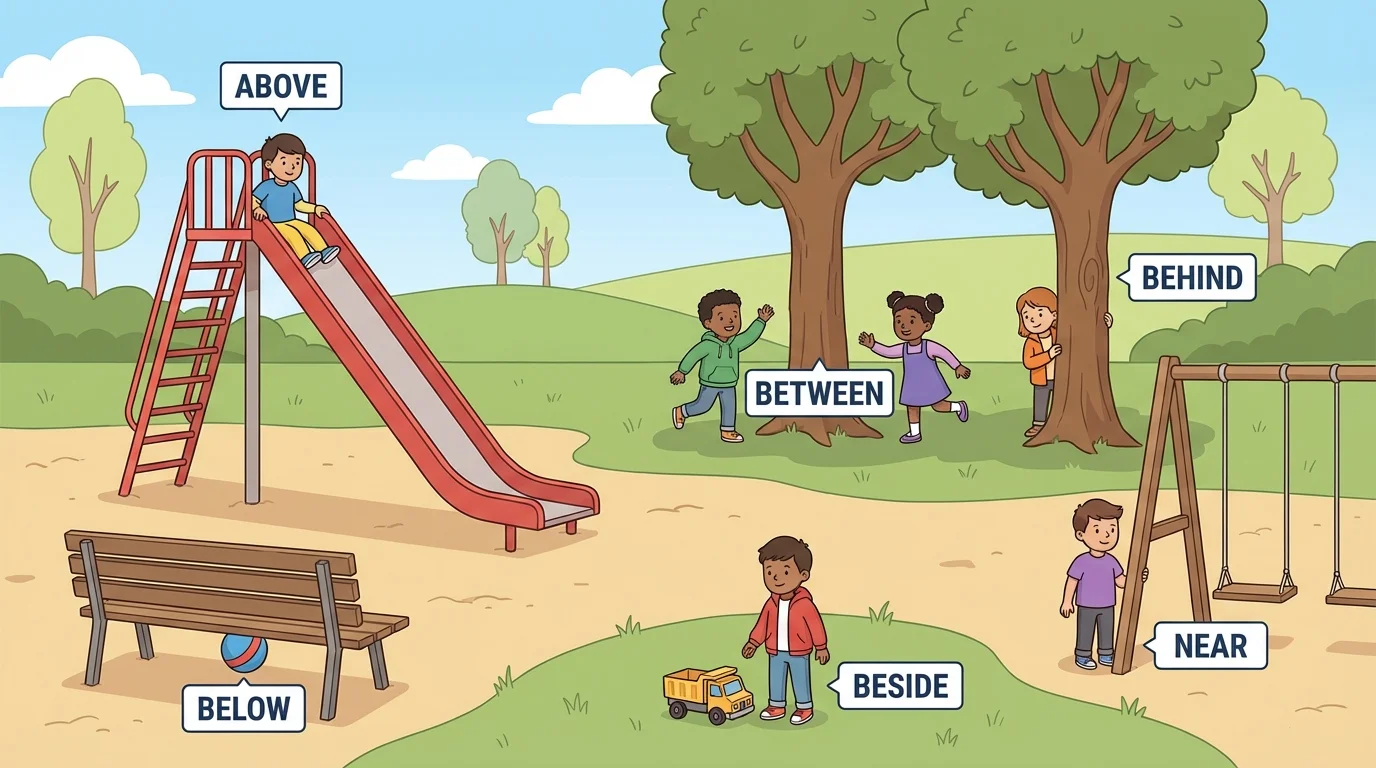 playground scene with a child on a slide, a ball under a bench, two children between trees, and labels for above, below, beside, behind, between, and near