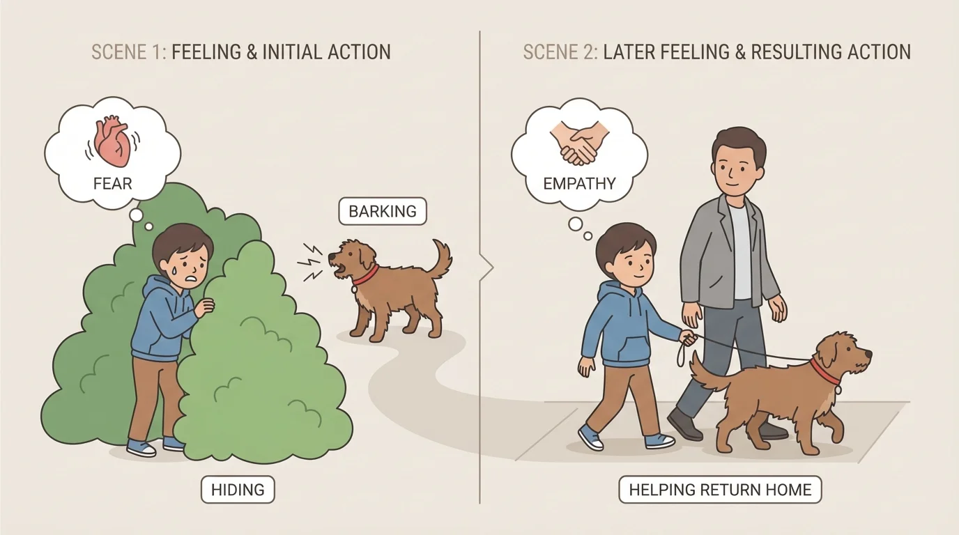 illustration of a child first hiding from a barking dog, then later calmly helping return the dog home with an adult