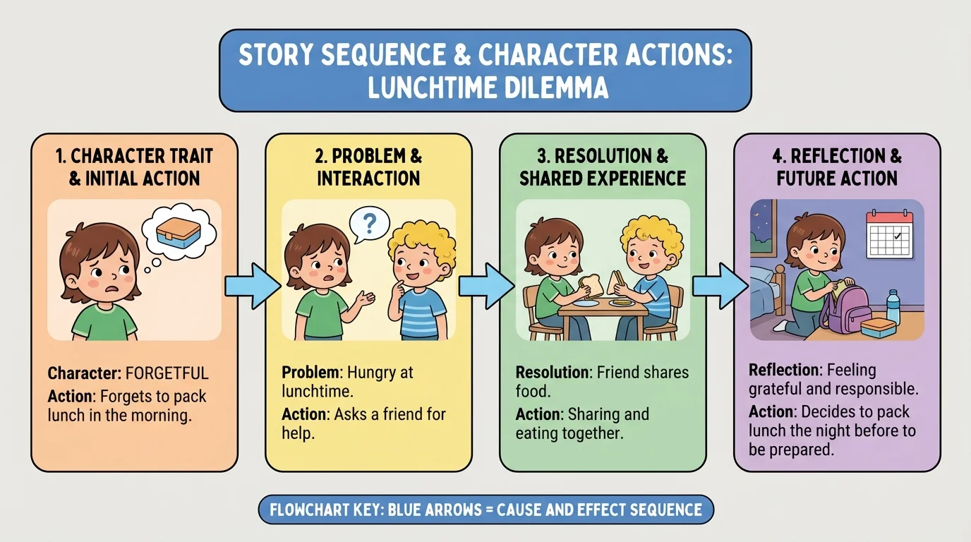 flowchart of a child forgetting a lunch, asking a friend for help, sharing food, then deciding to be more prepared next time