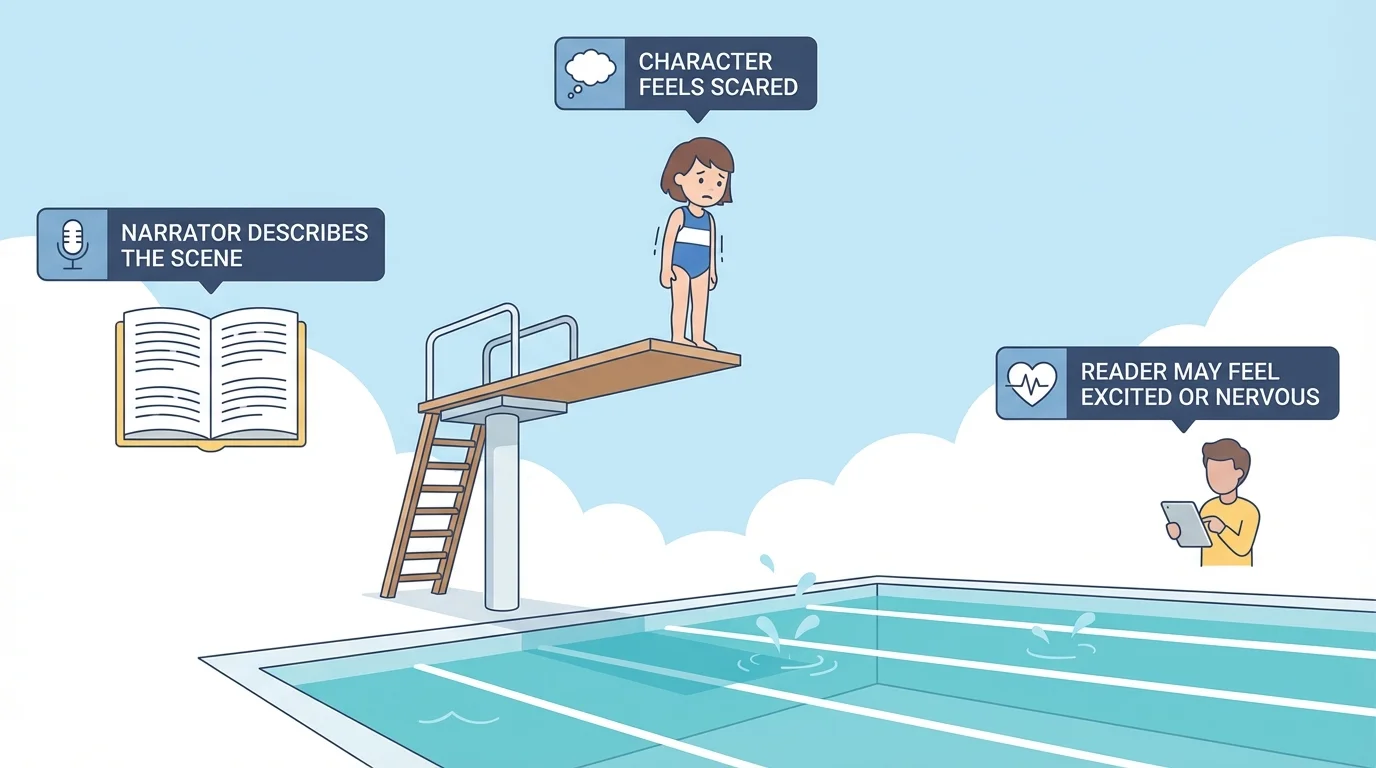 child standing stiffly at the end of a high diving board above a pool, with visual labels showing Character feels scared, Narrator describes the scene, Reader may feel excited or nervous