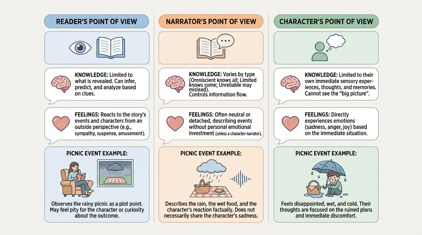 three-column comparison chart labeled Reader, Narrator, and Character, each showing what each one thinks, knows, or feels about the same story event such as a rainy day picnic