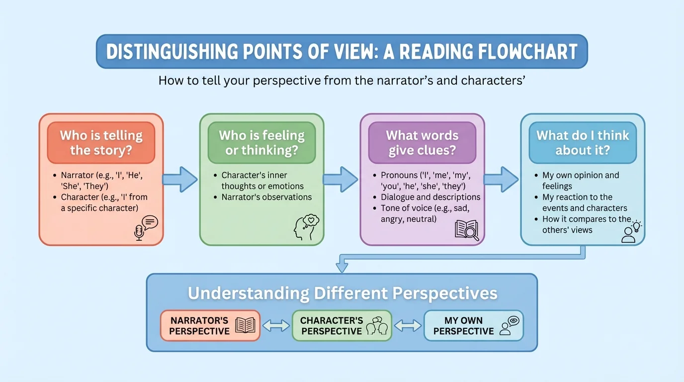 step-by-step reading flowchart with boxes asking Who is telling the story, Who is feeling or thinking, What words give clues, and What do I think about it