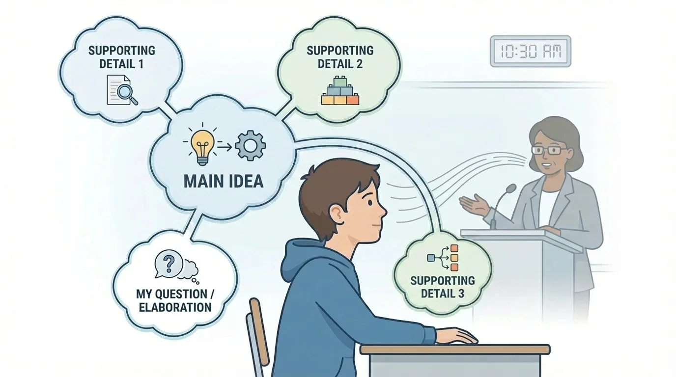 Student listening to a class speaker with thought bubbles showing main idea and supporting details