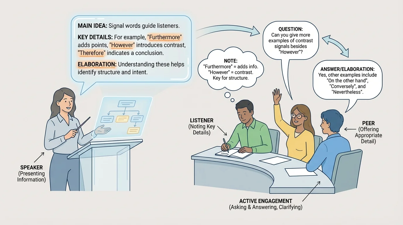 Speaker presenting information with highlighted signal words and listeners noting key details