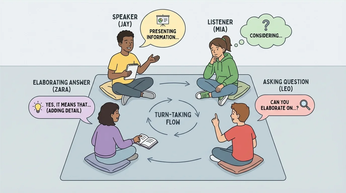 Four students in a discussion circle using turn-taking and respectful listening