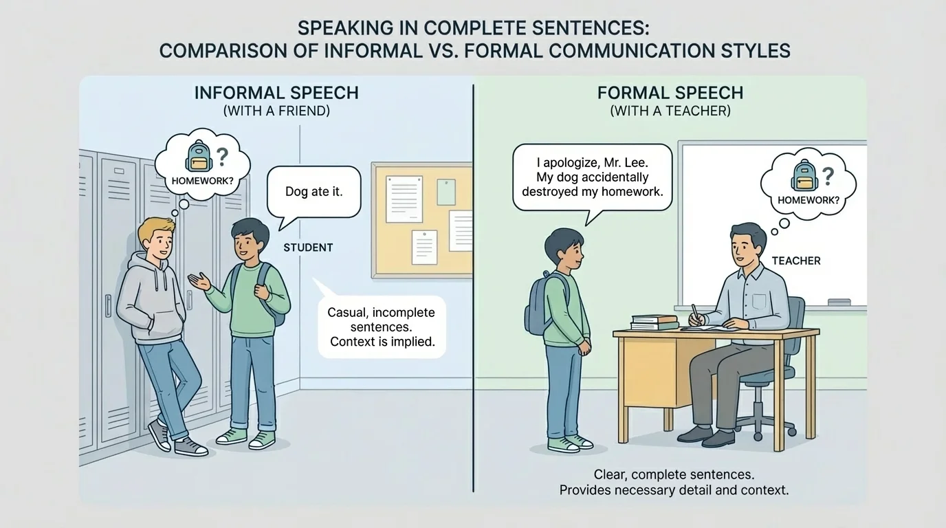Two-panel school scene comparing informal speech with a friend and formal speech with a teacher, both giving the same message in different styles