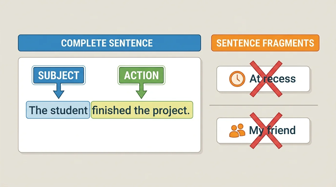 Simple classroom chart showing a complete sentence with subject and action labeled, next to short fragments like 'At recess' and 'My friend'