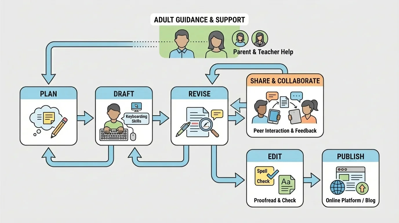 Flowchart showing a student writing process on a computer with boxes labeled plan, draft, revise, edit, publish, and arrows looping back to earlier steps