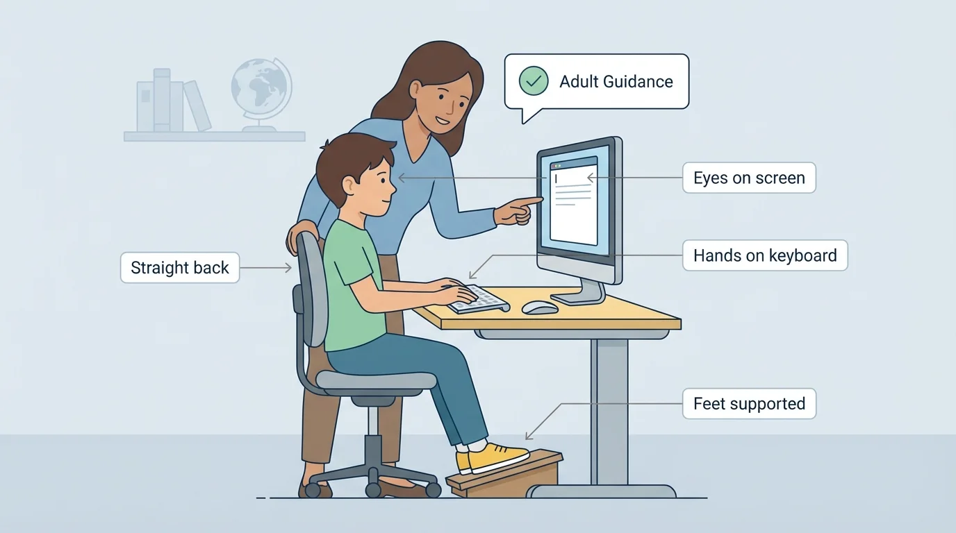 Illustration of a child sitting correctly at a computer with straight back, feet supported, eyes on screen, and hands placed properly on the keyboard