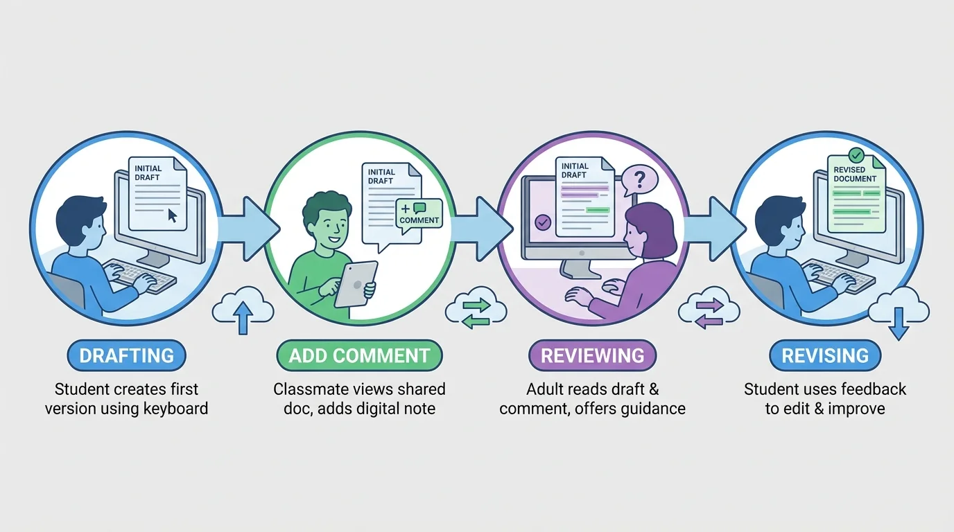 Flowchart showing digital collaboration with one student drafting, a classmate adding a comment, an adult reviewing, and the writer revising the shared document