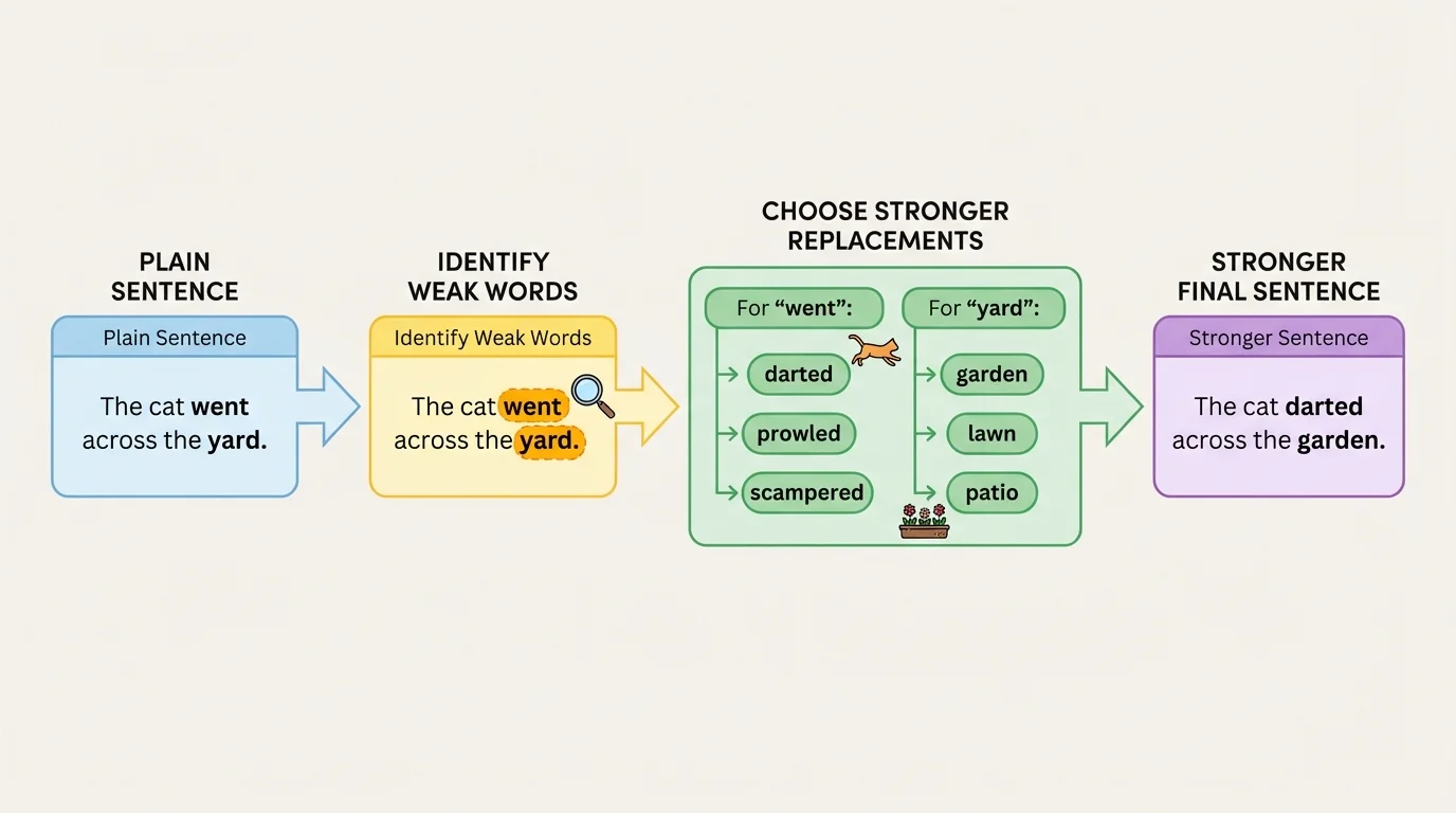 Revision flowchart showing a plain sentence, weak words highlighted, choice of stronger replacement words, and a stronger final sentence