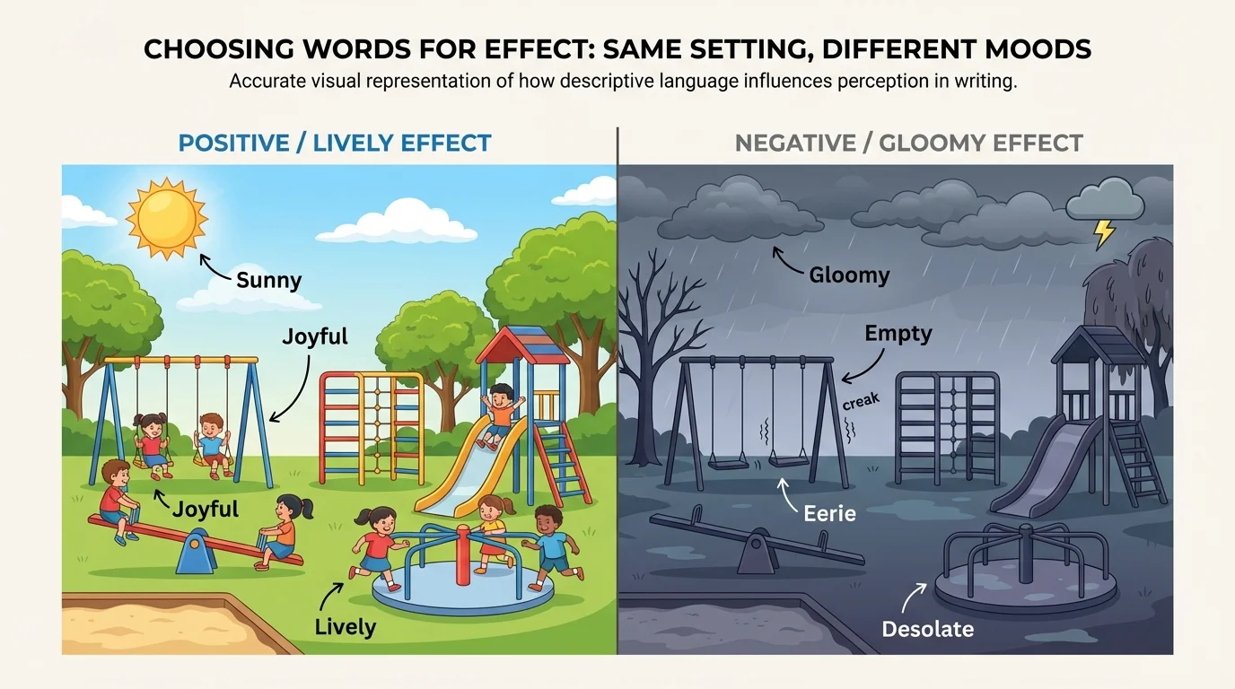 Split scene of the same playground, left side bright with sunshine and children playing, right side dark with gray clouds and empty creaking swings