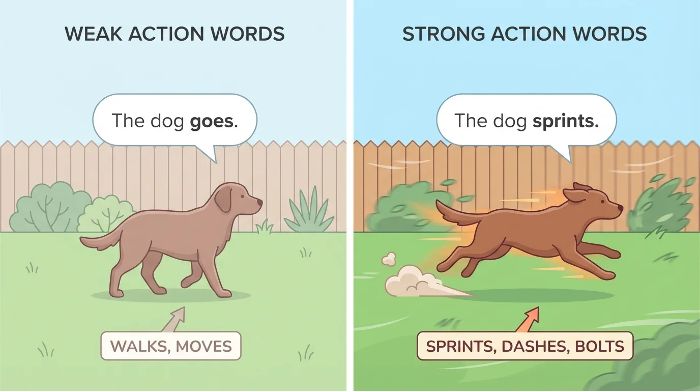Two side-by-side scenes of a dog crossing a yard, one plain and calm, one vivid with the dog sprinting fast, simple labels suggesting weak versus strong action words