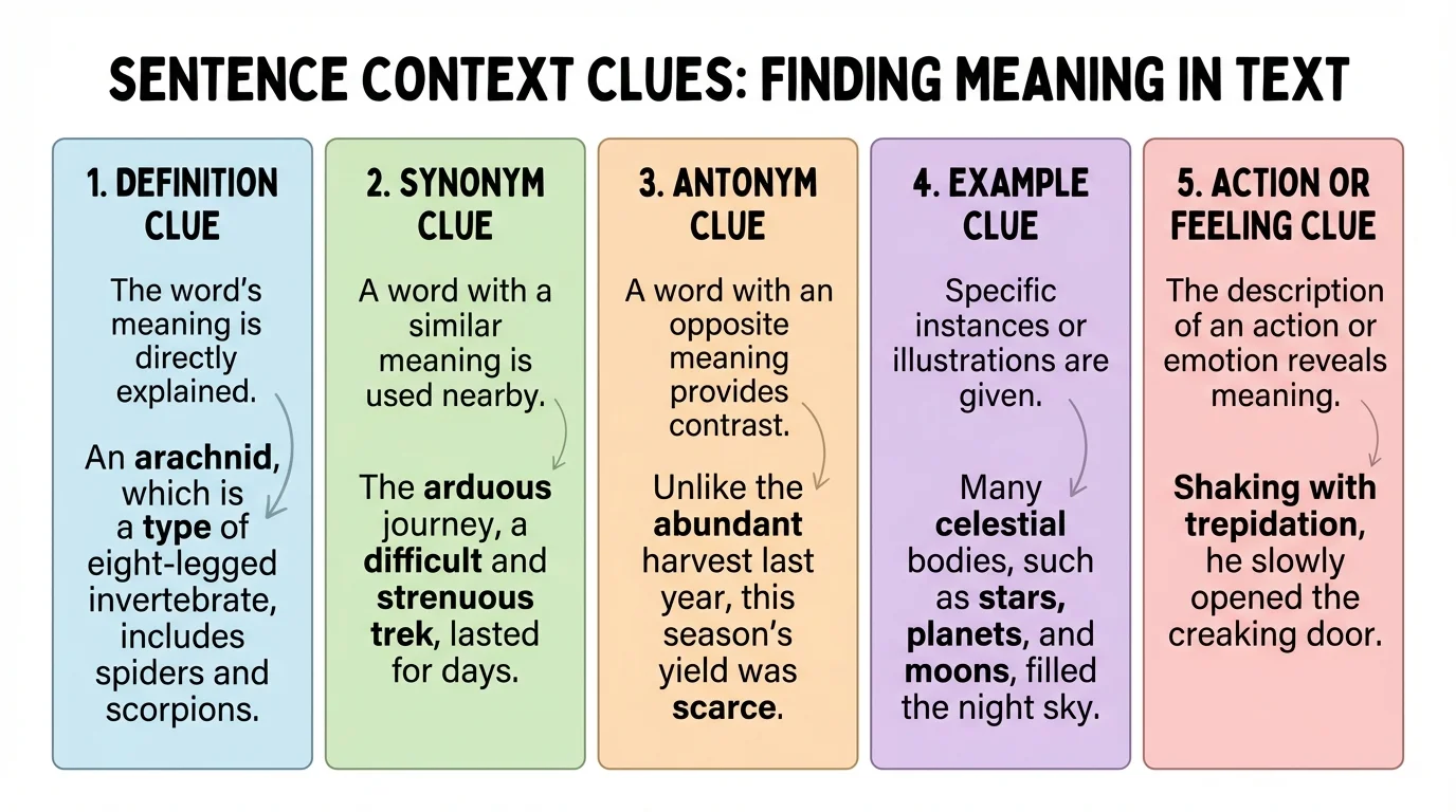 chart with five sentence context clue types—definition, synonym, antonym, example, and action or feeling—with one short sample sentence for each