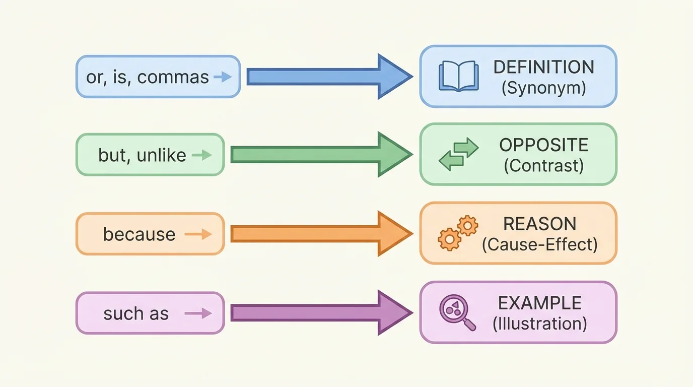 flowchart of signal words—or, is, commas, but, unlike, because, such as—each pointing to clue types like definition, opposite, reason, and example
