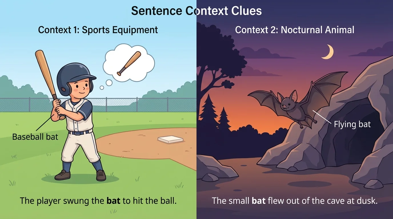 illustration split into two scenes for the word bat—one child holding a baseball bat on a field and one flying bat leaving a cave at dusk
