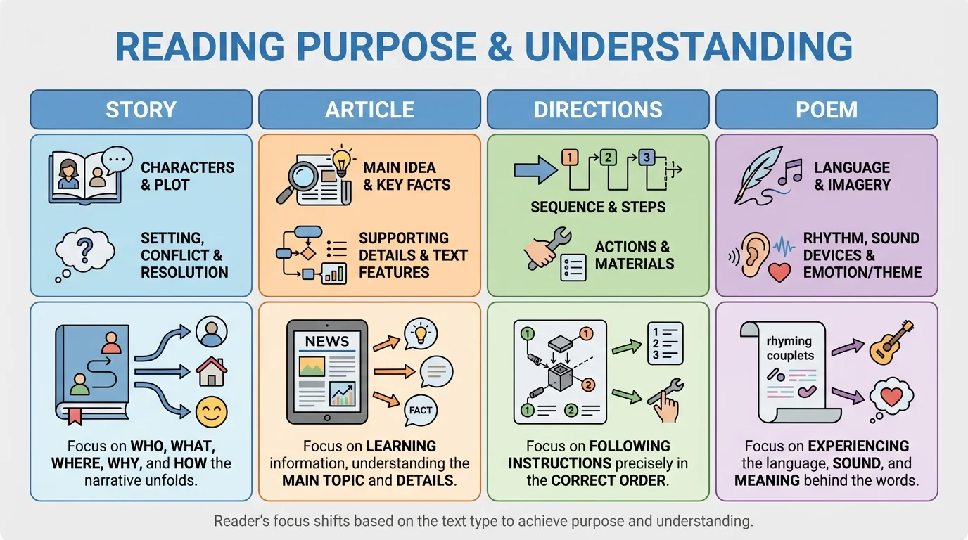 chart comparing story, article, directions, and poem with what readers pay attention to in each
