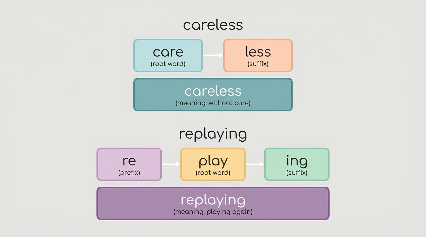 diagram of the word "careless" split into care + less and the word "replaying" split into re + play + ing