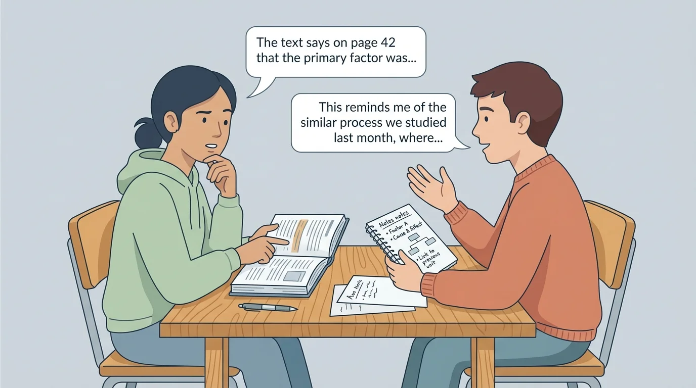 two students discussing a book while holding notes, with short speech bubbles such as 'The text says...' and 'This reminds me...'